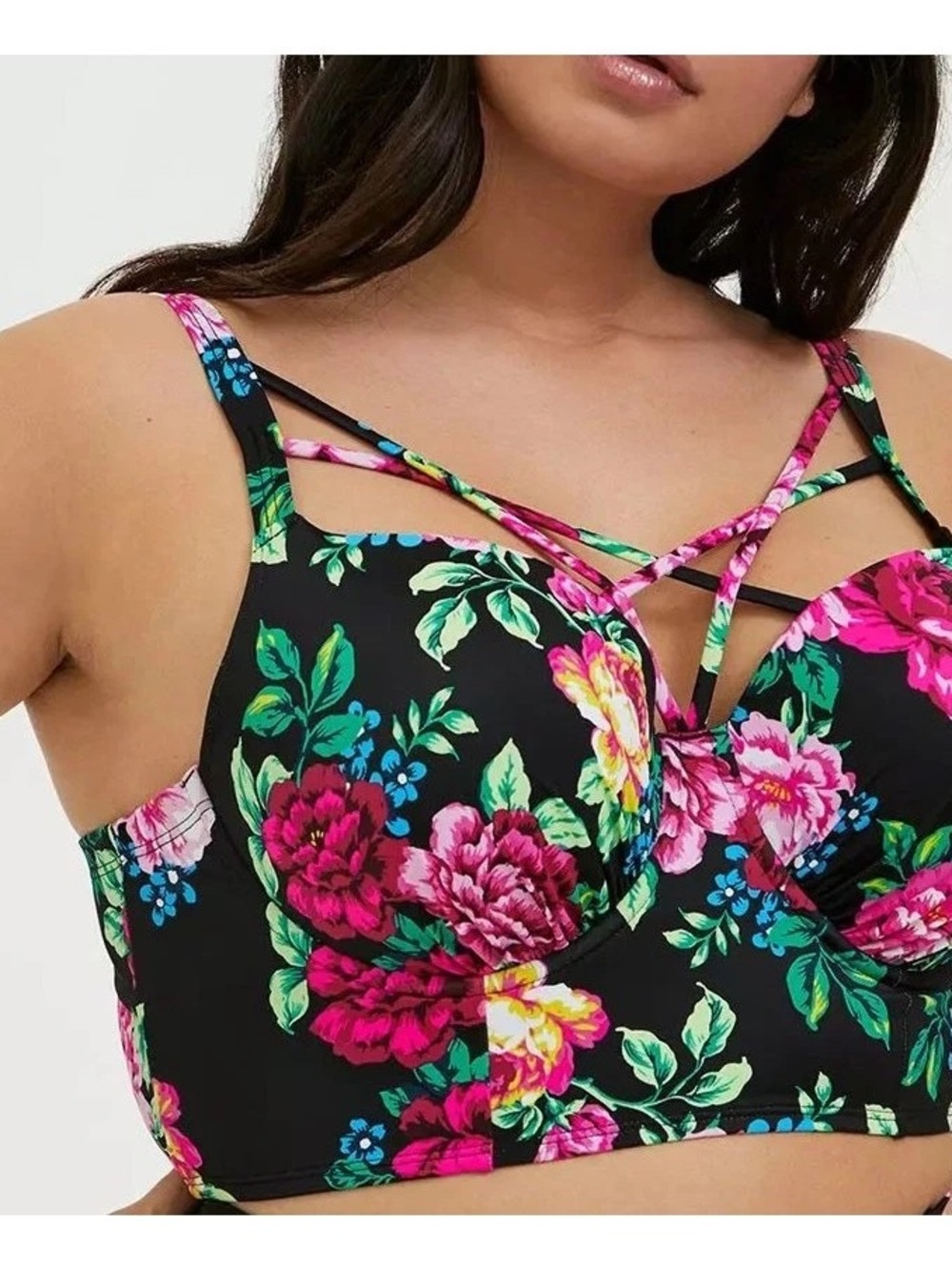 Floral Strappy Bustier Bra swim top- Black with Pink Floral Print